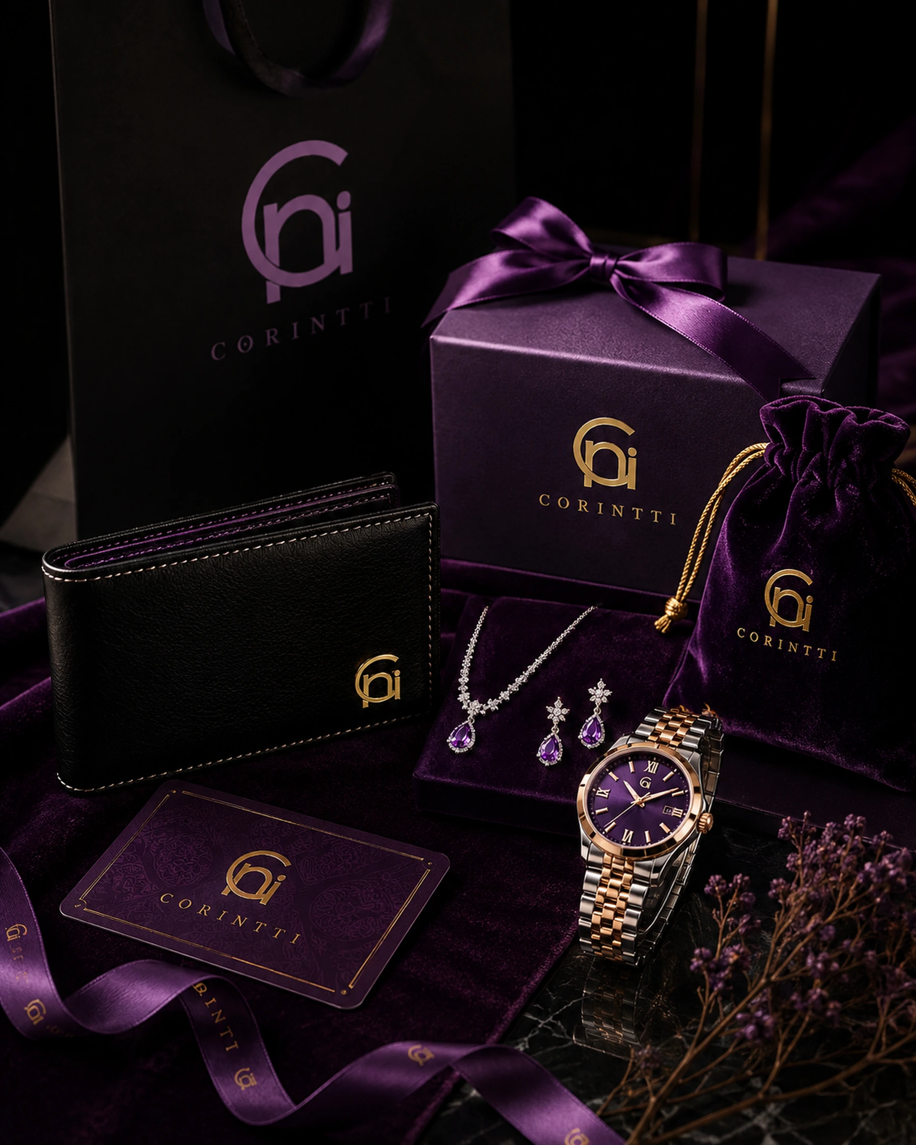 Corintti presentation world with branded packaging, jewellery, watch and wallet