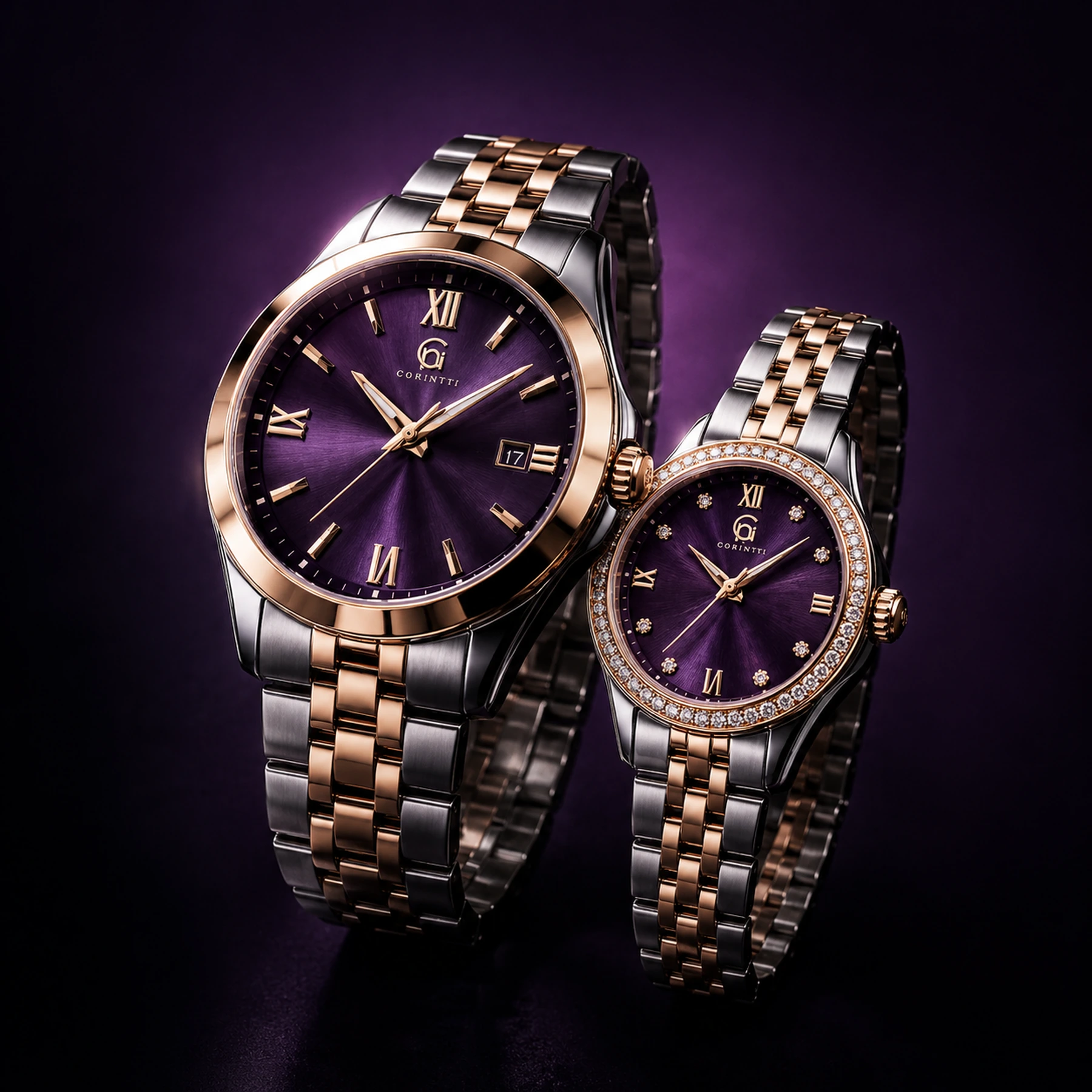 Corintti men's and women's watches in a dark plum editorial setting