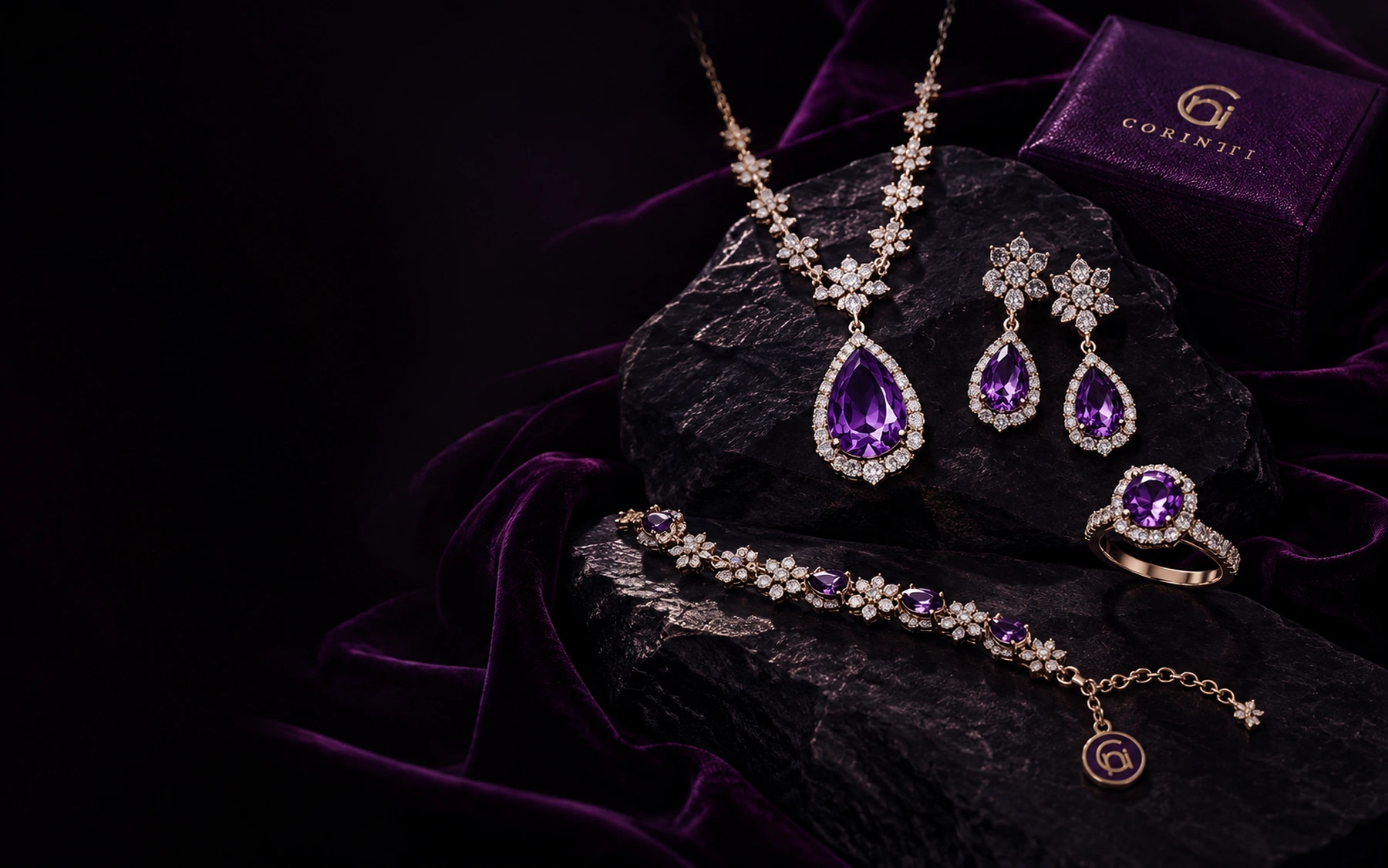 Purple gemstone jewellery arranged on dark stone and velvet