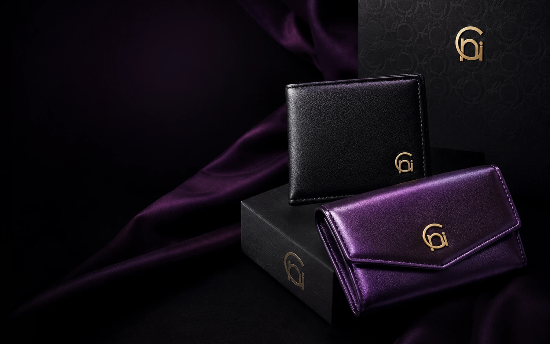 Corintti men's and women's wallets staged with premium packaging