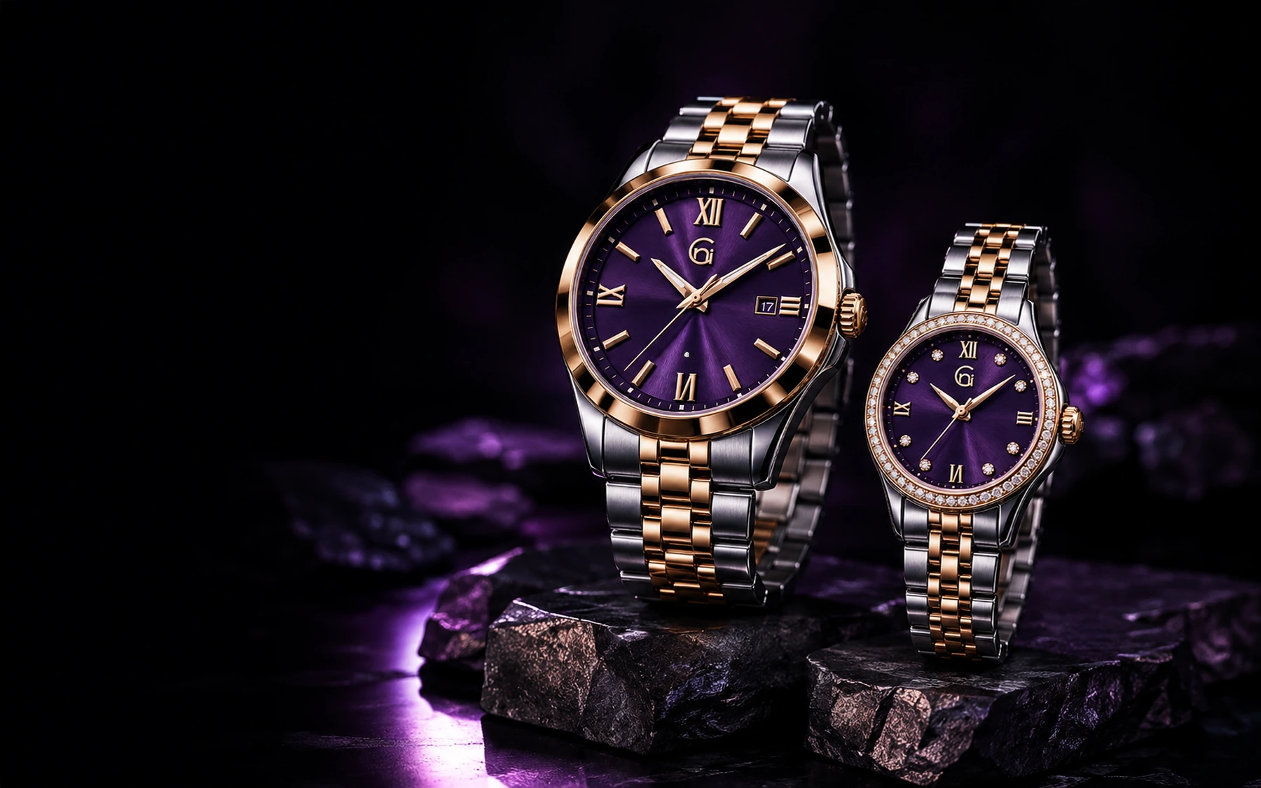 Men's and women's Corintti watches staged in dark plum light