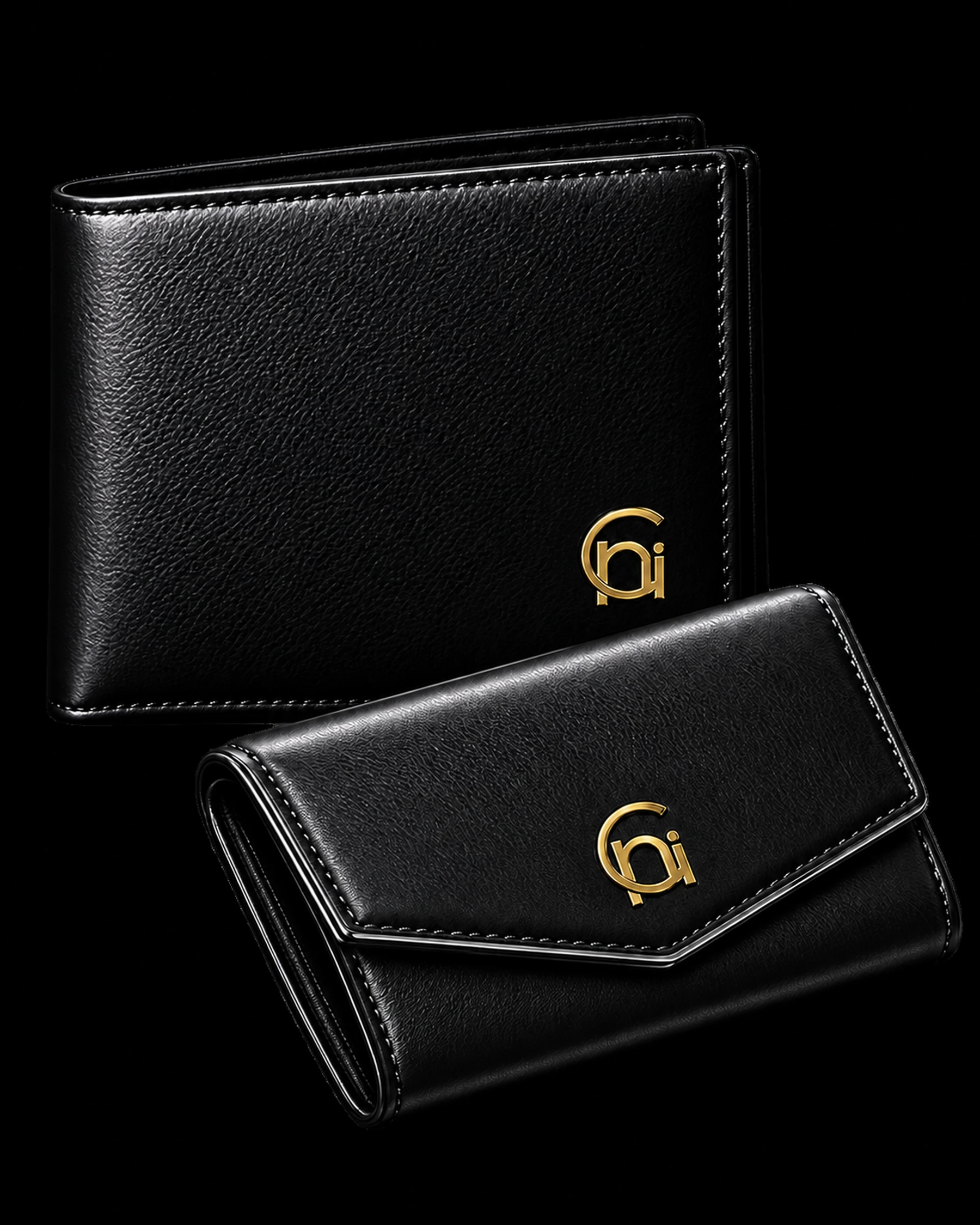 Portrait showcase of Corintti men's and women's wallets with gold monogram