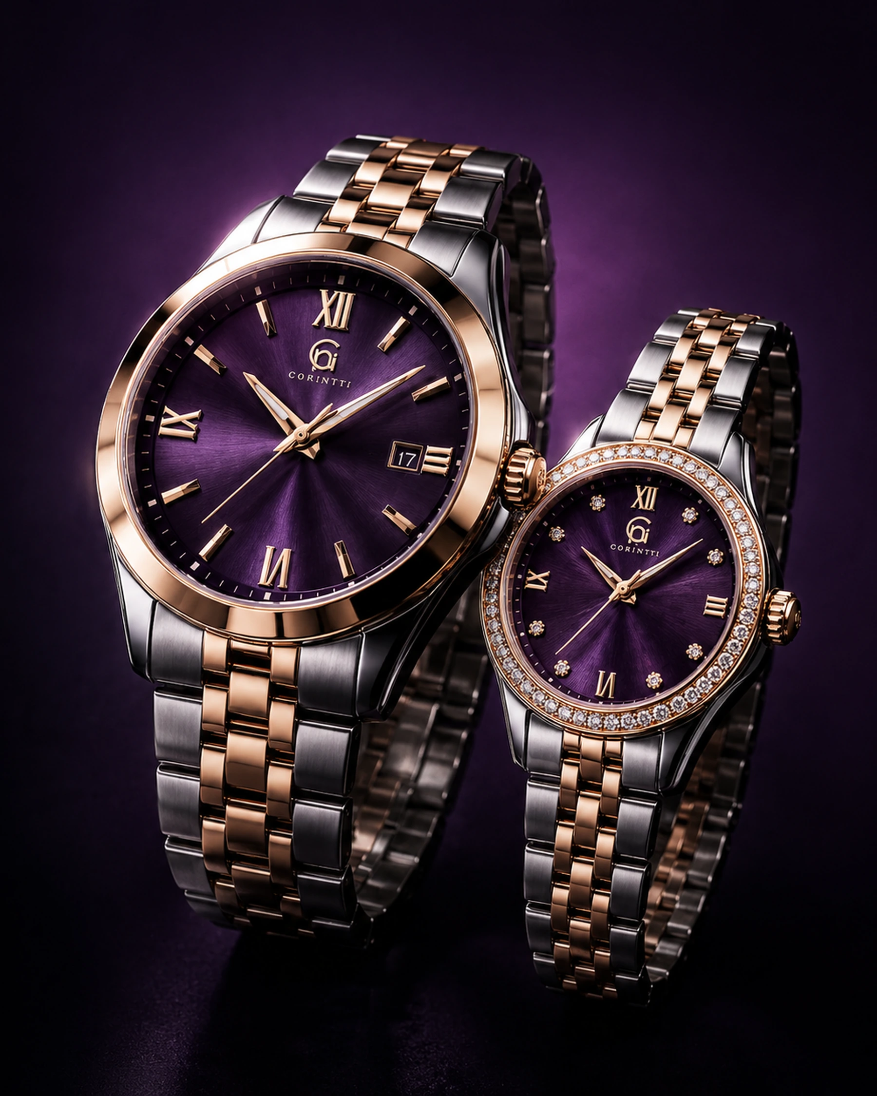 High-end Corintti men's and women's watches in a portrait composition